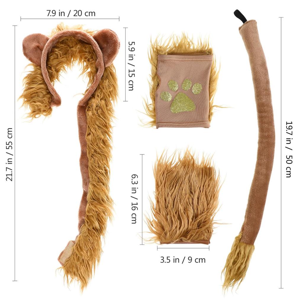 Generic Lion Design Cosplay Set for Hair Lion for Costume and Birthdays Kids, Hoop, Gloves, Tail, Brown, Parties, Halloween,