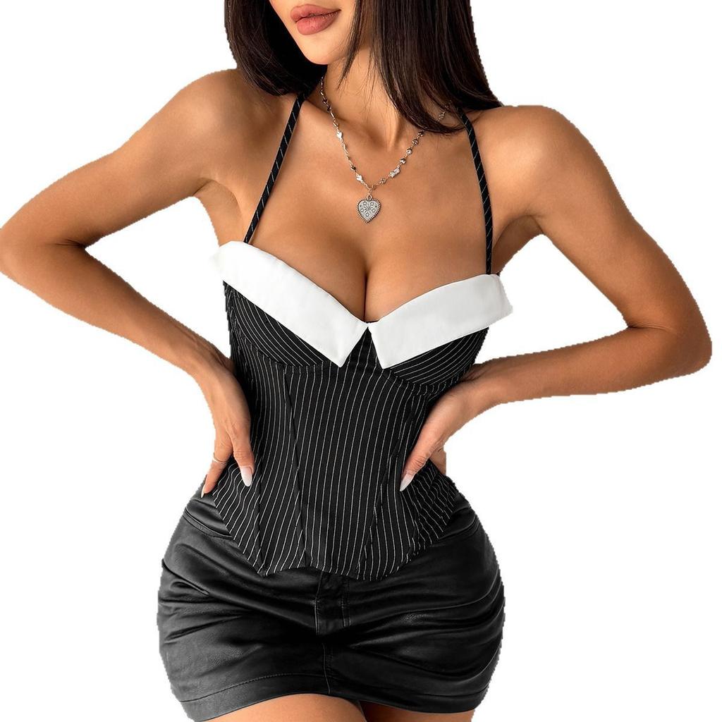 Europe and the United States hot-selling women's clothing Spice Girls fish bone chest waist niche vest striped splicing contrasting bra women
