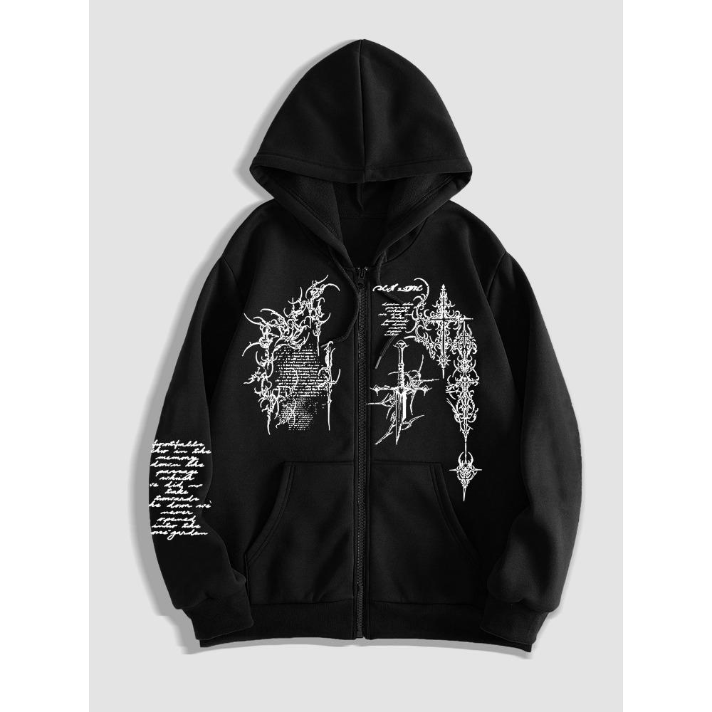 Dunkler Gothic-Stil Dornenkreuz-Print Kapuzenpullover Herren Y2K Reißverschluss Strickjacke Lockere Jacke XL black
