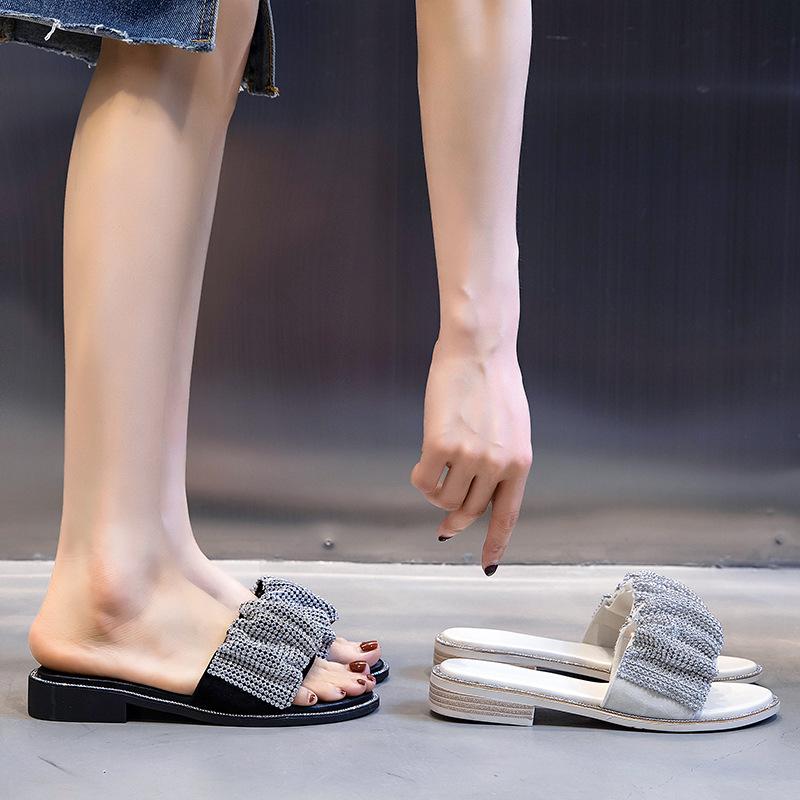 Rhinestone Cool Slippers for Women To Wear 2025 New Summer Women's Fashion Versatile Women's Shoes One-word Drag Thick Heel Shoes Drag Women