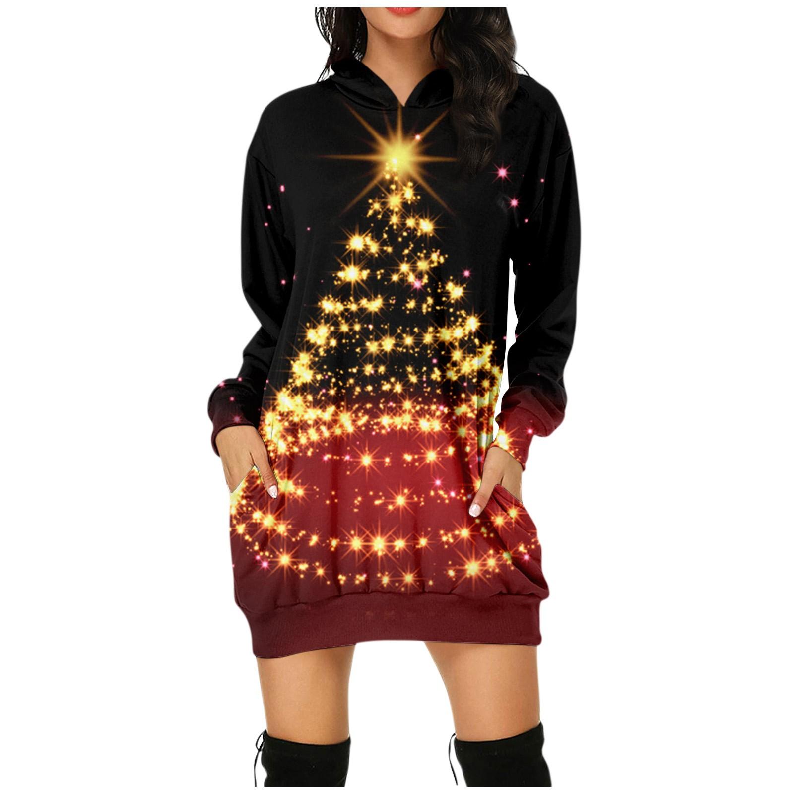 

Женская мода Рождественский принт Карманы Толстовки с длинными рукавами Пуловеры Толстовки XXXL чёрный