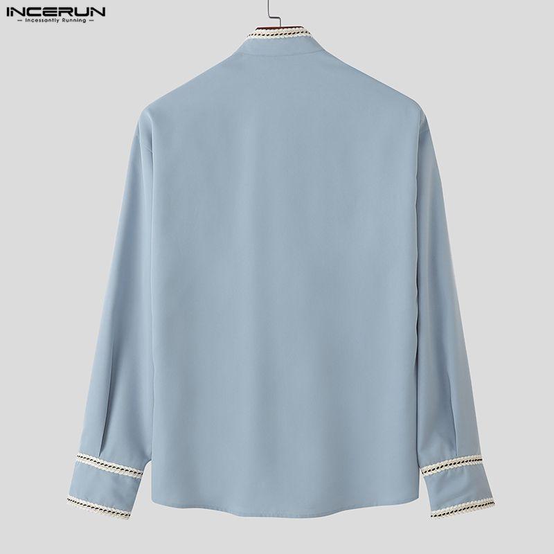 INCERUN Men Stand Neck Stitching Buttons Up Casual Long Sleeve Shirts