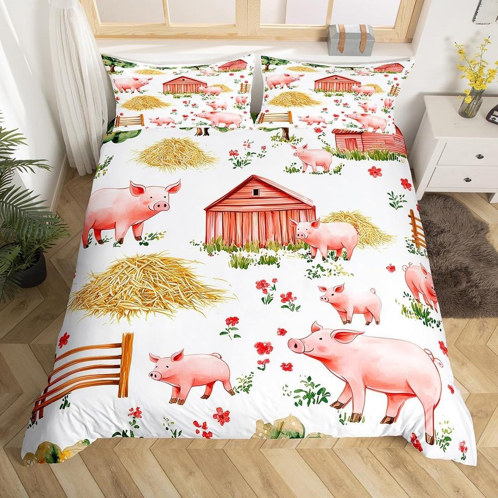 Farm Animal Pig Bedding Set Full Queen Size, Cute Pig Duvet Cover For Kids Girl, Cartoon Pigs Comforter Cover With 2 Pillow Case