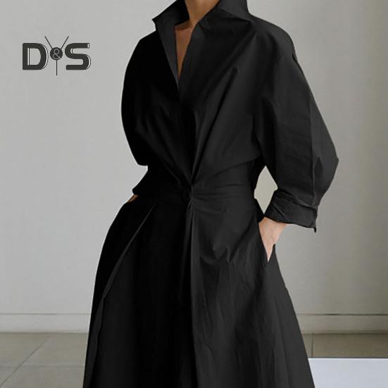 Women's Long Sleeve Button Down Shirt Dress Casual A-Line Midi Dress Loose Fit Lapel Collar Long Dress for Office Parties And Beach