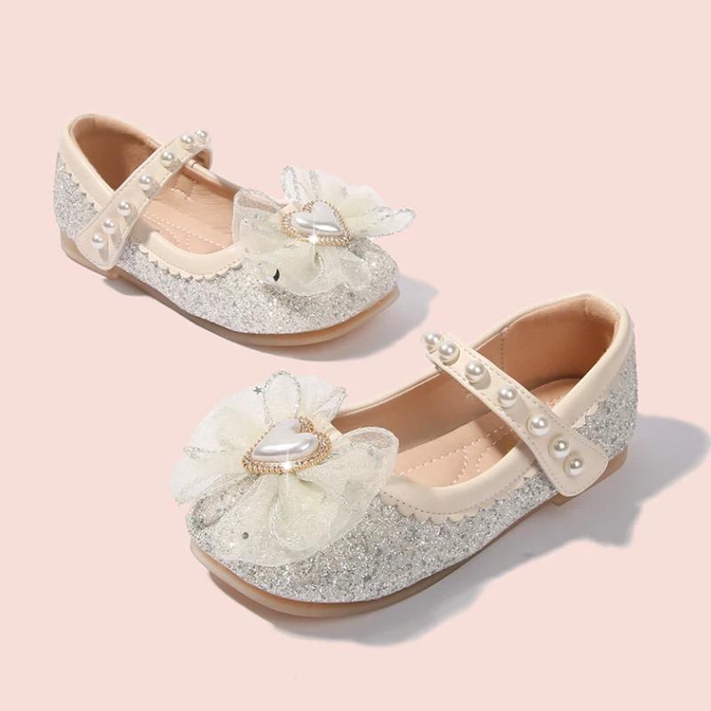 Sweet Kids Leather Shoe Spring Autumn Princess Shoes for Girls Glitter Elegant Children Party Wedding Dress Flats Single Shoes