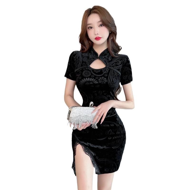 Spicy Girl Velvet Cheongsam: Petite Short Split Dress