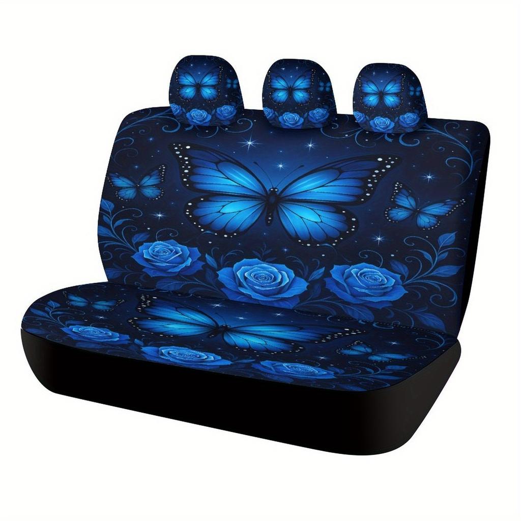 Blue Butterfly Roses Designed Car Seat Cover Set For Most Cars, High-quality Comfortable Car Seat Protector Covers Full Set, Uni