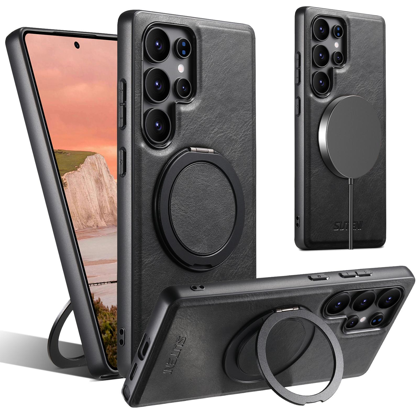 

SUTENI G3 Чехол для Samsung Galaxy S22 Ultra 5G, совместимый с MagSafe, восковая текстура, вращающаяся подставка, кожаная задняя крышка для телефона Black