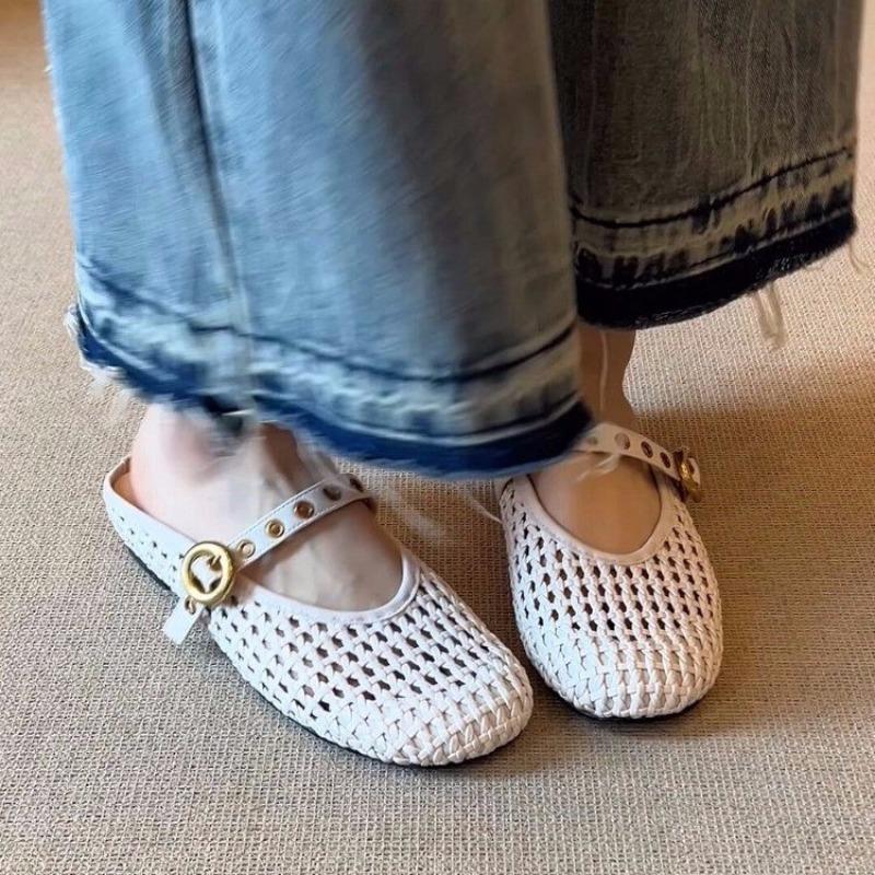 Fashion 2025 Summer New Women's Hollow-out Cow Leather Metal Buckle Slip-on Jane Flats Slides Sandal Elegant