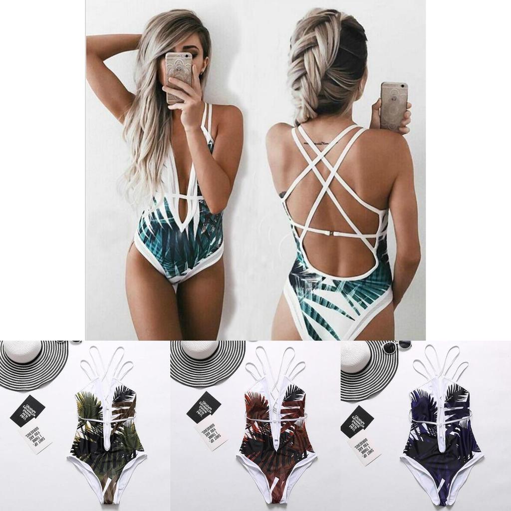Women Elegant Floral Print Deep V Neck Backless Bandage Bathing One Piece Swimsuit