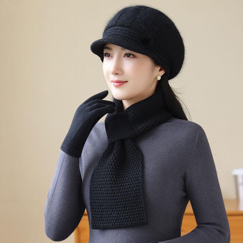 Old Lady Rabbit Fur Warm Knitted Hat Female Mother Plus Fleece Basin Hat Grandma Wind and Cold Scarf Glove Hat