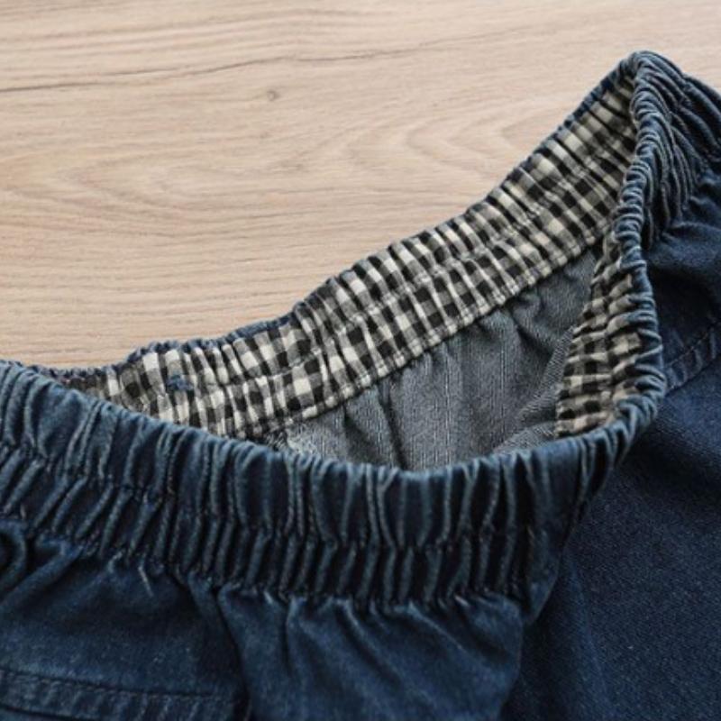 Ensemble Denim Grande Taille à Col Montant, Splicing Style Ethnique Femme, Ensemble Jean Deux Pièces Boucle Ample et Tendance