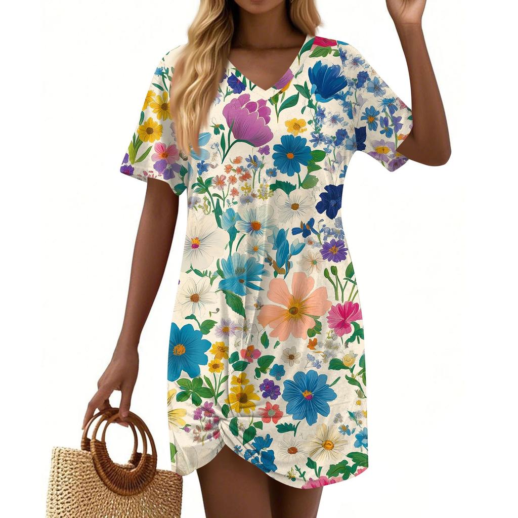 Women's Summer Casual Floral Printed Hem Knotted Short Sleeve Dresses