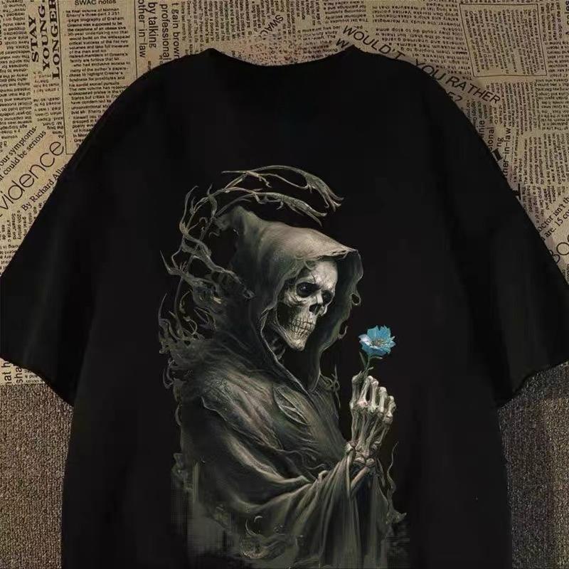 

25 Summer New Cotton Round Neck Short-sleeved T-shirt Men s Loose Casual Dark Flower Skull Print Men s Versatile Top Large Size 4XL