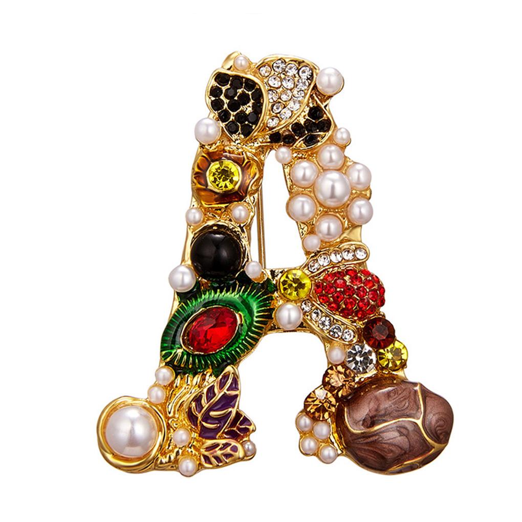 Letter Shaped Brooch Scarf Clothes Decorative Brooch Breast Pin Pearl Rhinestone Badge Jewelry A