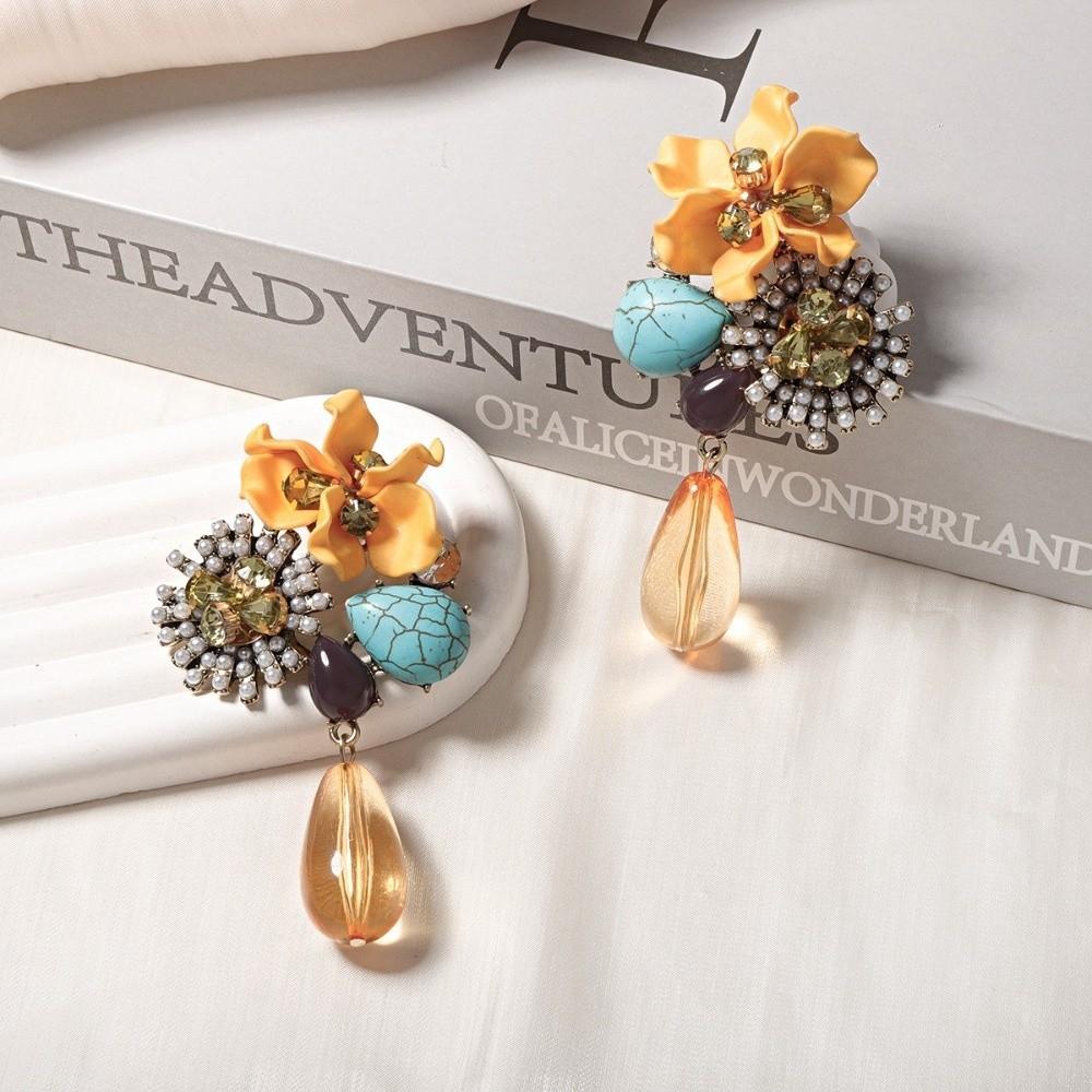 Water Droplet Pendant Pendant Earrings Retro Inlay Flower Earrings  Jewelry Gift