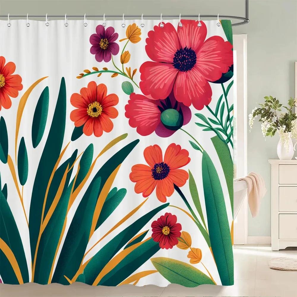 Rideau de douche Fleurs Magnifiques, Feuilles Aquarelle Sur La Plante Supérieure Avec Décor Floral de Salle de Bain, Ensemble de Rideau de Douche Avec Crochets