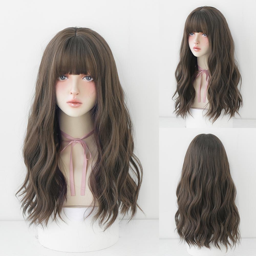 Lange Lockige Haare Damen Perücke mit Pony Täglich Braun Schwarz Rosa Lolita Cosplay Geflochtene Perücken Hitzebeständige Faser Party Kunsthaar