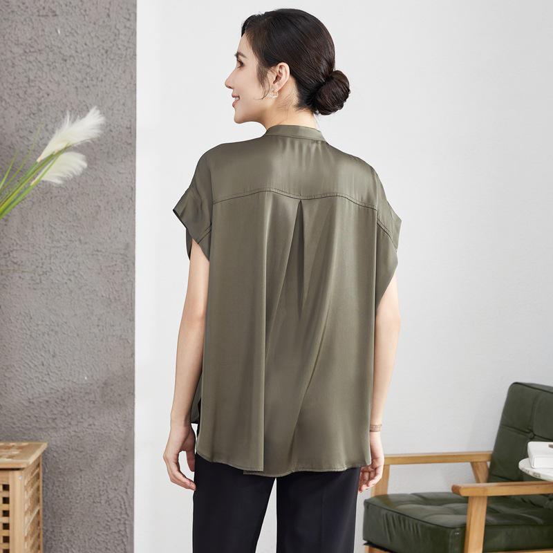 Women's 2025 Summer Short-Sleeve Mulberry Silk Stand Collar Shirt