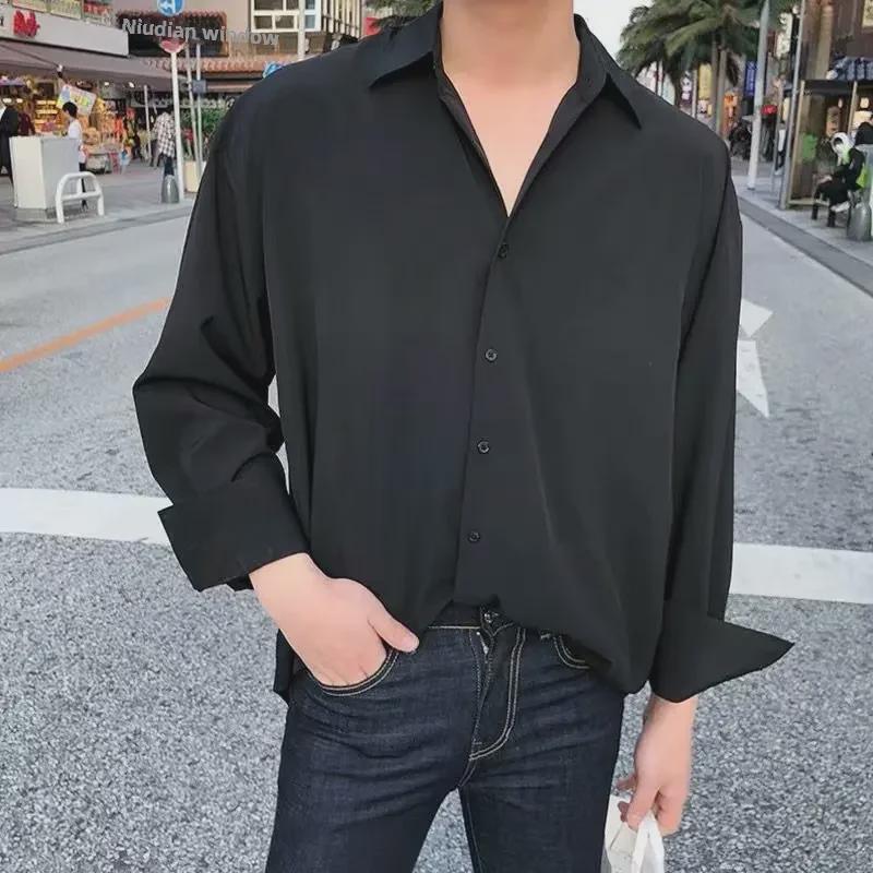 

Модная мужская черная повседневная рубашка с длинным рукавом в корейском стиле M