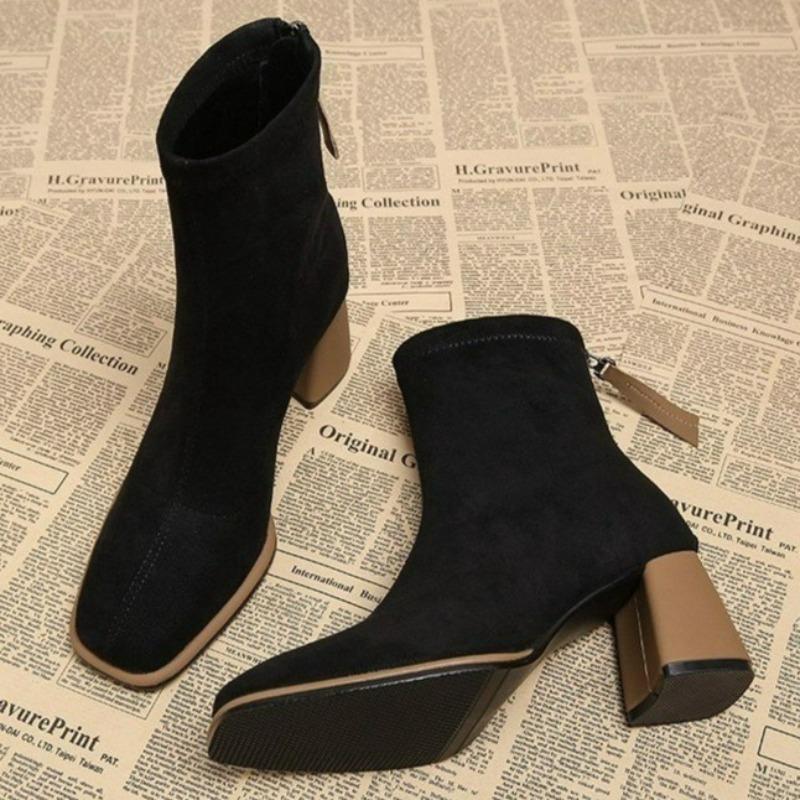 Fashion Vintage Square Toe Women Ankle Boots Fashion Zippers Thick Heels Shoes Women Winter Elegant Comfortable Short Boots Women