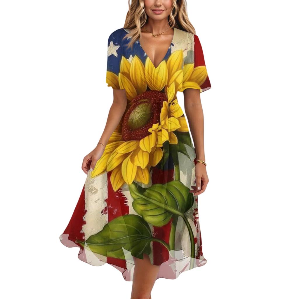 Women's Fashionable Casual V-neck Short-sleeved Independence Day Printed Dress