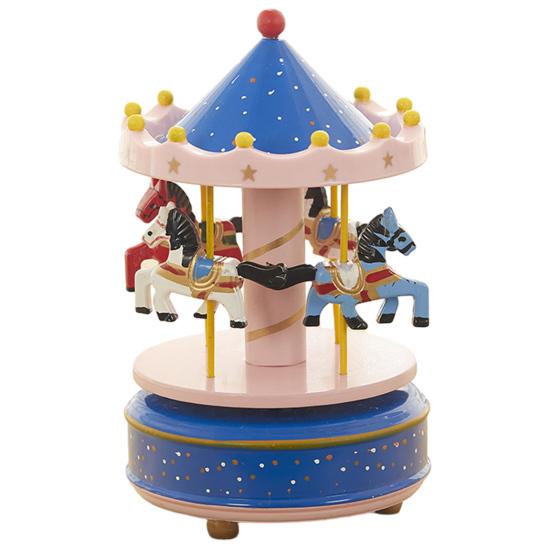 Miniature Horse Carousel Wooden Music Box with Rotating Merry-Go-Round Horses, Wind-Up Musical Figurine Nursery Decor for Baby Room Home Decor,