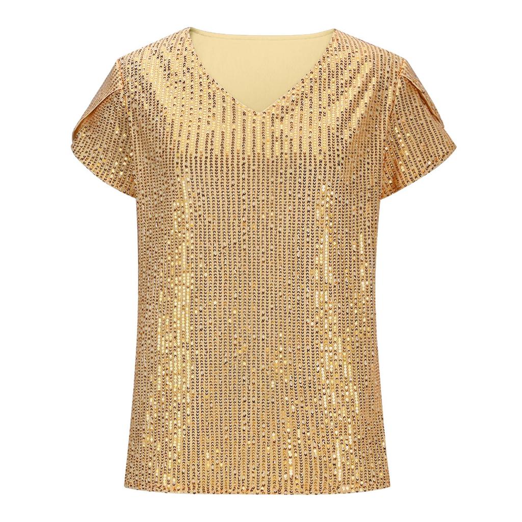 Women's Sequined Beaded V-neck Short-sleeved T-shirt