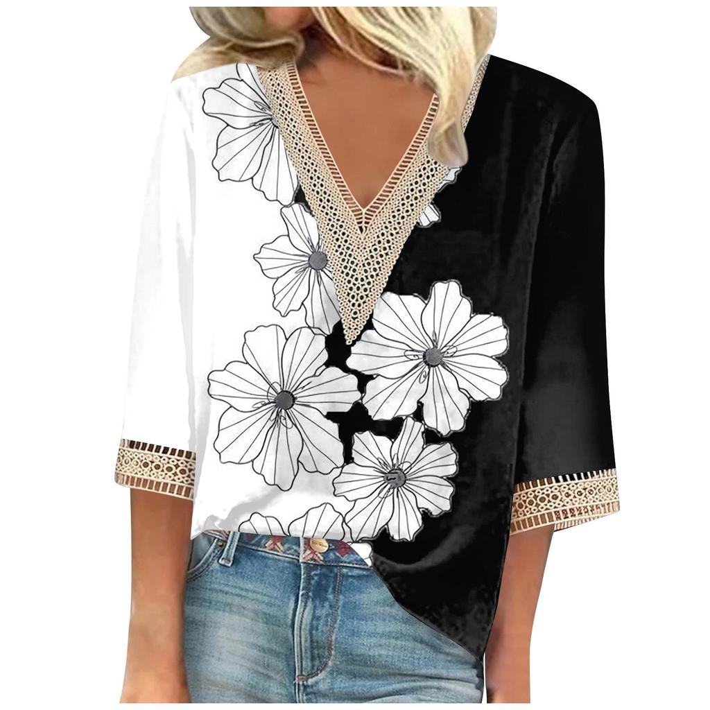Women's Shirt Blouse Casual Loose Shirts 3/4 Sleeve Lace Trims Print V Neck Tops Print Tops T-shirts
