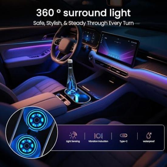 2PCS LED Car Cup Holder Lights – 7-Color Changing, Rechargeable Car Cup Holder Coaster Lights With Vibration Sensor – Cool Car Accessories For