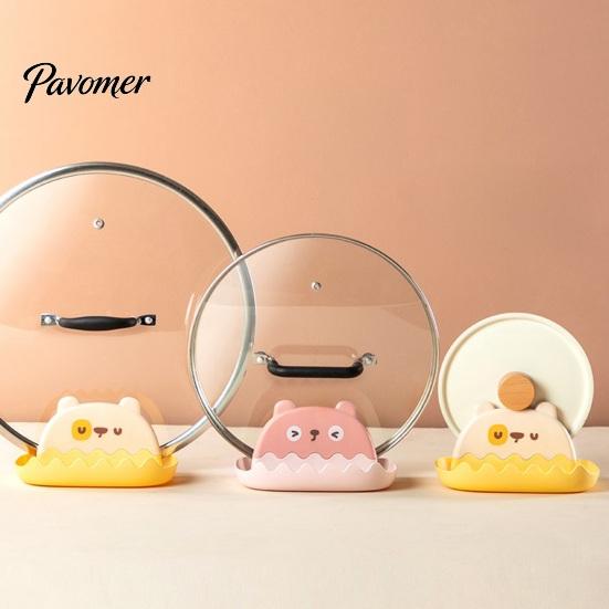 Cute Bear Pot Cover Stand Lid Holder And Spatula Rest, Cartoon Shape, Non-Slip Stable Utensil Rest for Spoons Plastic Organizer with Drain Groove