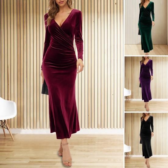 Fall Spring Women Evening Dress Long Sleeves Slim Fit Pure Color Fishtail