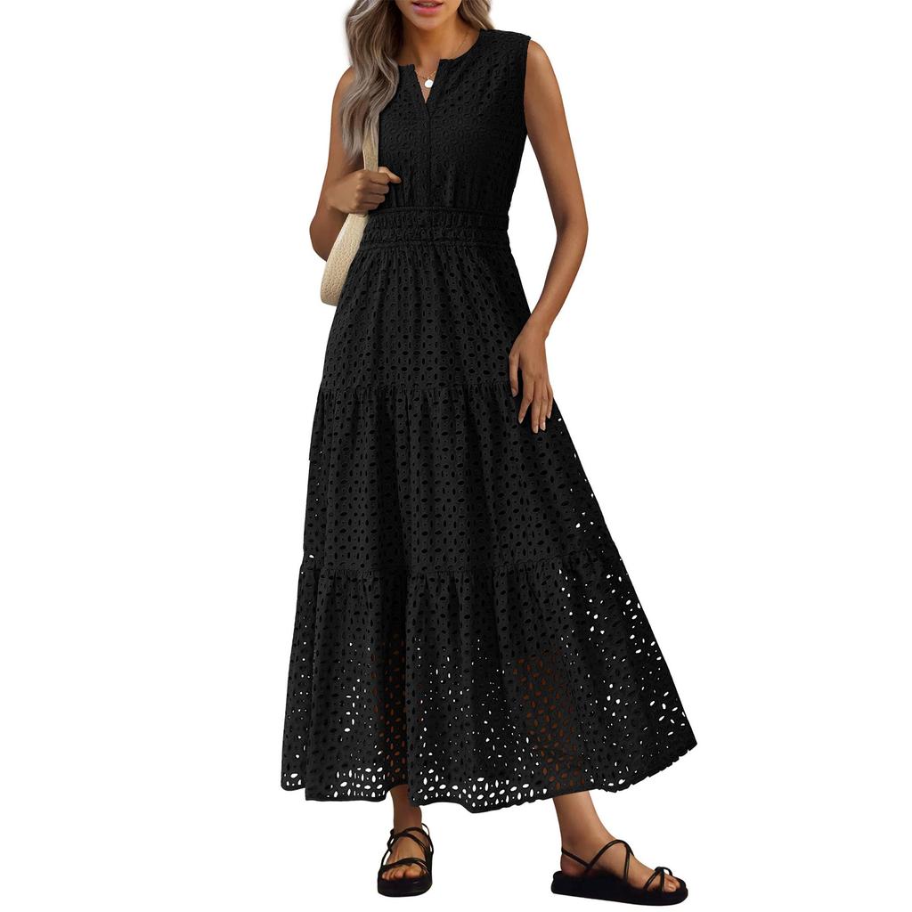 Women's Fashionable Color V Neck Sleeveless Vest Dress A-line Beach Dress