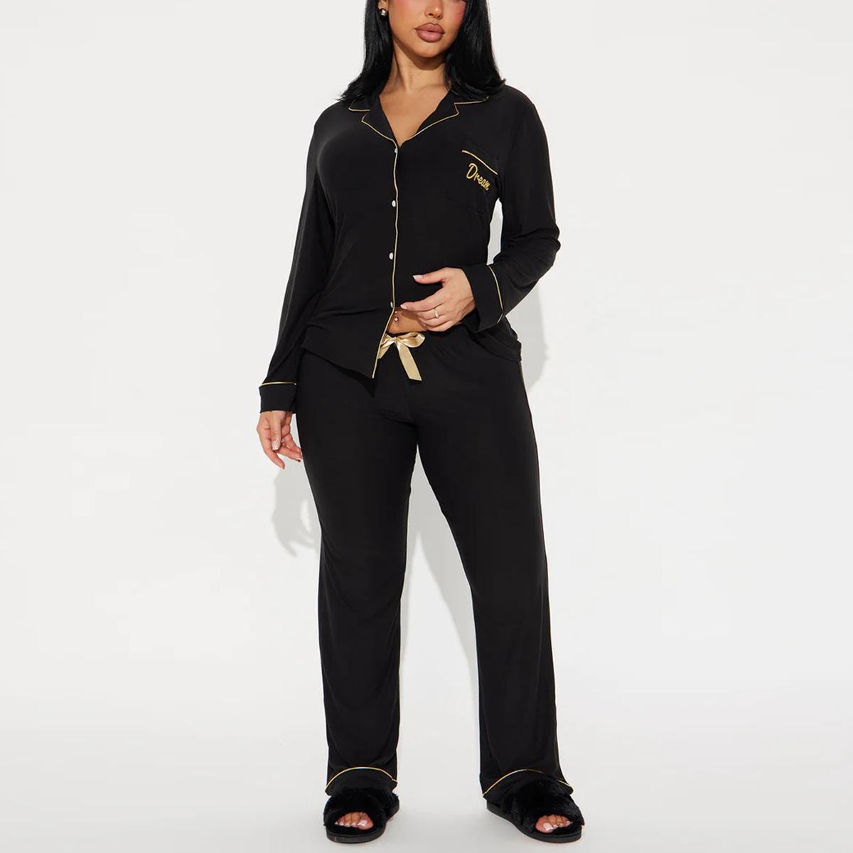 

Комплект из двух предметов: однотонная рубашка с длинным рукавом и длинные брюки для женщин, пижама для осени и зимы XL чёрный