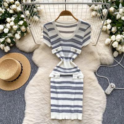 Summer Women Short Sleeve Knitted Striped Mini Short Sheath Pullover Sweater Dresses