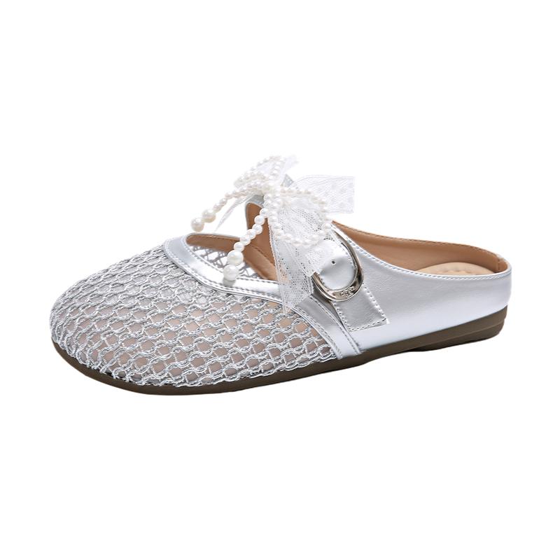 Nouvelles Pantoufles d'Été en Maille Respirante pour Femmes Chaussures à Boucle à Enfiler Bout Rond Tongs Plage Talon Plat Argenté Mules