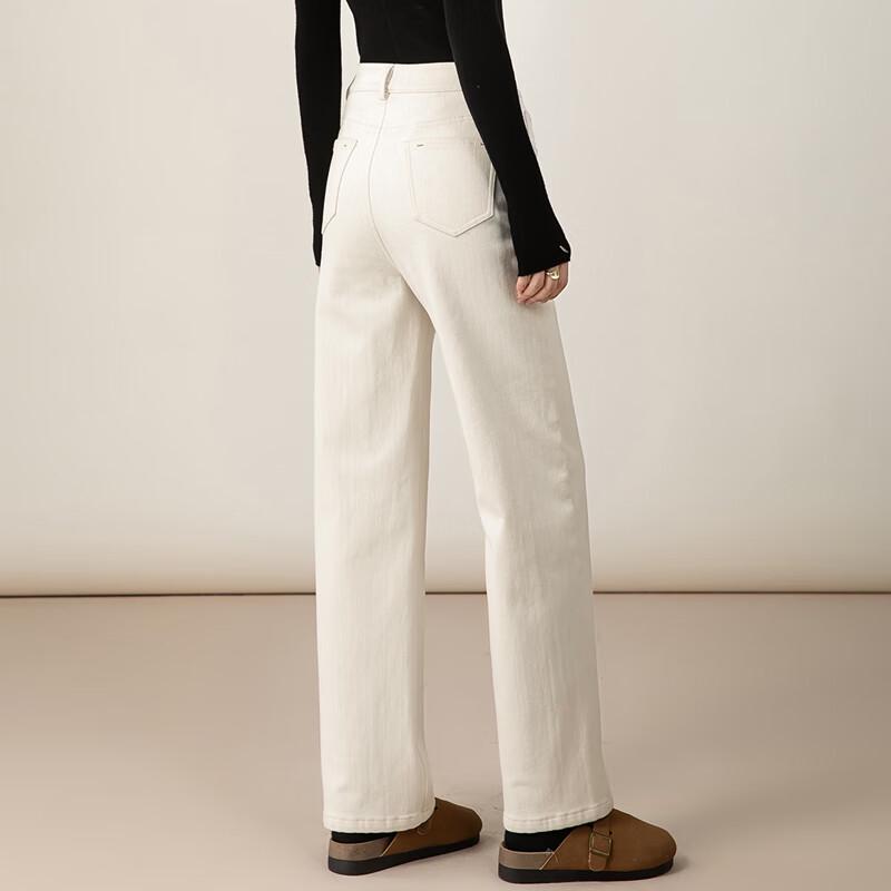 Fanzhen Women's Plush-Lined Off-White High-Waist Straight-Leg Jeans