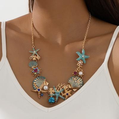Exaggerated Women Necklace Ocean Theme Starfish Coral Shell Faux Pearl Rhinestone Decor Adjustable Length Lady Vacation Beach Neck Jewelry
