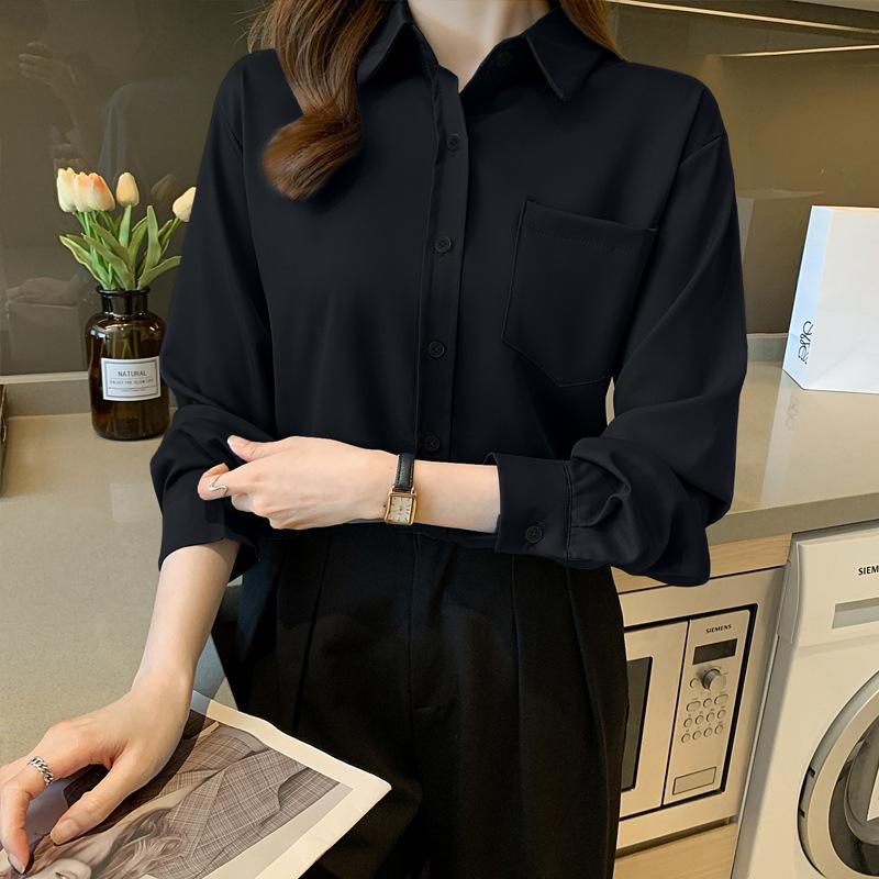 White shirt women's spring retro western-style design niche top simple temperament slimming long sleeved shirt