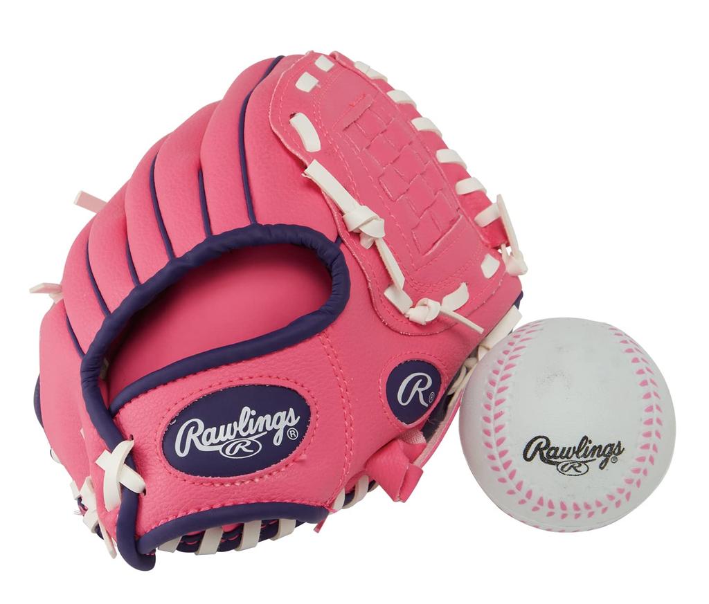 Rawlings US PLAYERS SERIES Toy with Training PL91PP-12/0 Kids' Glove, 9-inch, Right-Handed (Left-Handed) Ball, Pink/Purple
