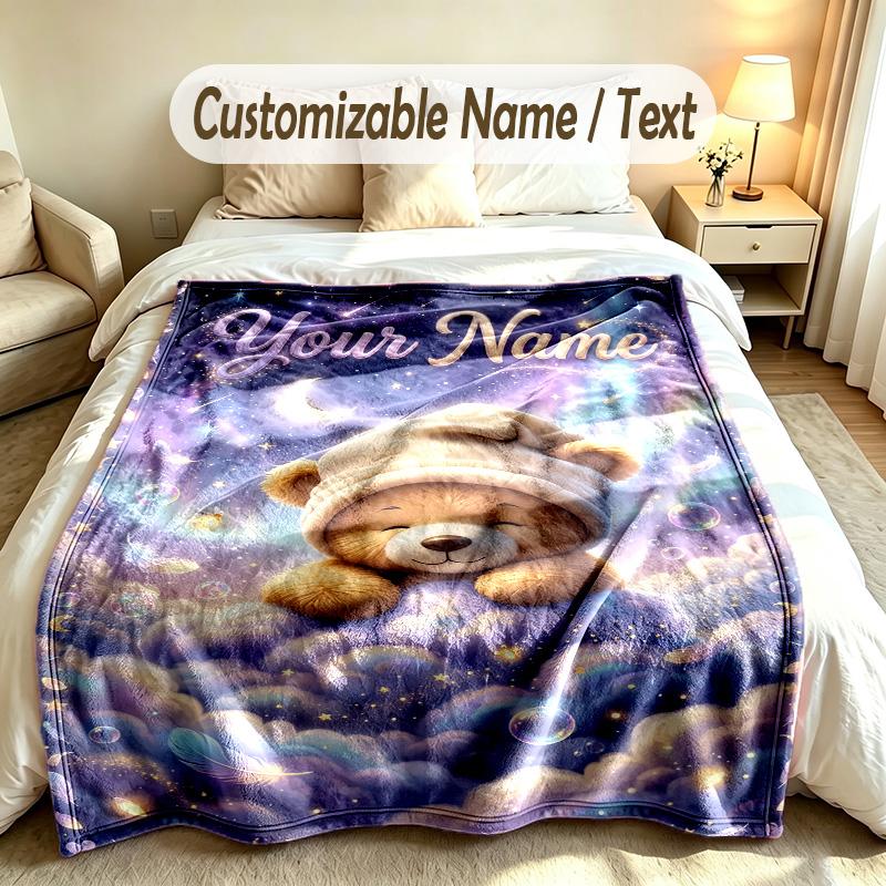 Teddy Bear Theme Custom Blanket Personalized Name & Text Customized Soft Warm Throw Blanket Home Decor