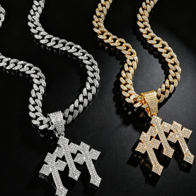 Hot Selling Men's Hip-hop Cuban Chain Necklace Alloy Inlaid with Rhinestones, 30 Character Stand Pendant, Personalized Rap Accessory