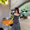 Summer New Korean Spice Girl Slim-fit Contrasting Stripes Square Neck Bow Strap-on Slim-fit Short-sleeved T-shirt Women's Top