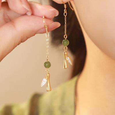 Guoxin Chinese-Style Bamboo Earrings, Women'S Section Gaosheng Retro Hetian Jade Rich Bamboo Zircon Earrings, Long Bamboo