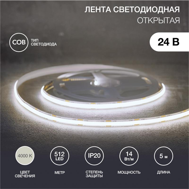 

Светодиодная лента Rexant 147-105 24В Cob 14Вт м 512 Led м 4000к 8мм 5м IP20
