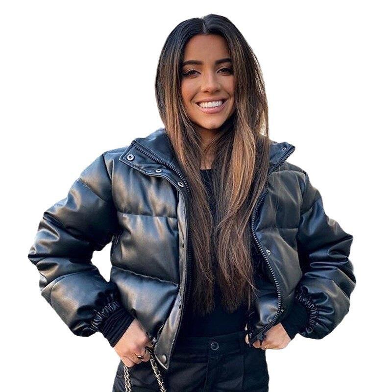 Autumn and winter new leather jacket women's stand-up collar short warm bread cotton clothes