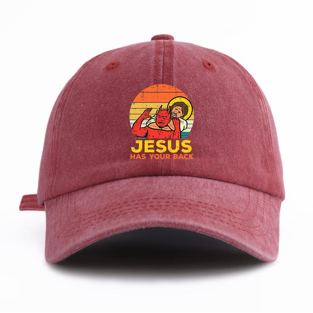 1 Stück JESUS HAT DICH IM RÜCKEN Aufdruck Gewaschene Baseballkappe für ErwachseneMinimalistischer Retro-Stil Lässig Weich Verstellbar Papa-HutPerfekt Als Geschenk