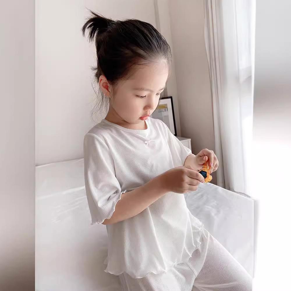 2025 Girls' Ice Silk Pajama Set: Thin Modal Summer Homewear for Small & Medium Children, Cute Style.