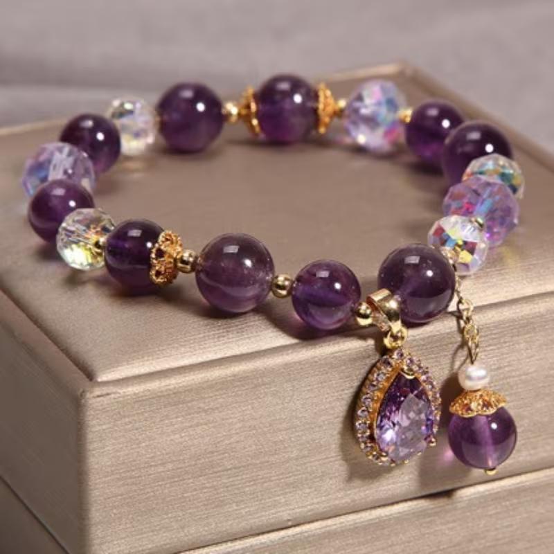 Fashion Purple Crystals Beaded Bracelets for Women Round Beads Purple Four-leaf Clover Drop Bracelet Lucky Stretch Hand Chain Jewelry for Wedding