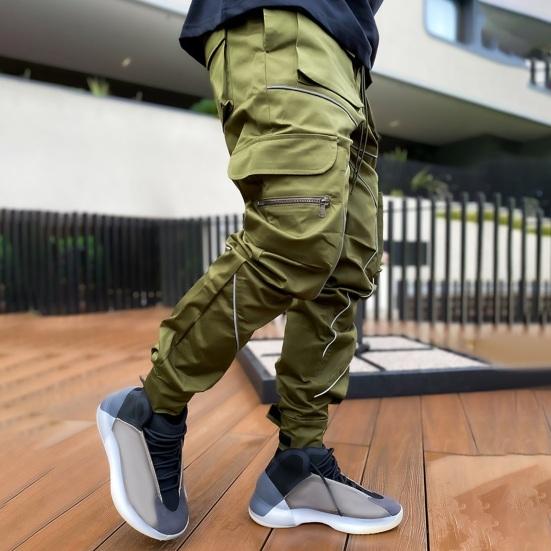 Men Cargo Pants Ankle-banded Reflective Patchwork Multi Pockets Loose Casual Straight Leg